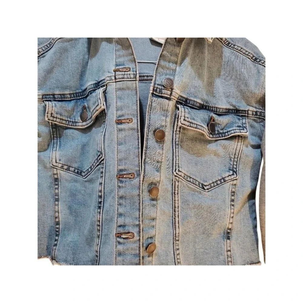 Treasure & Bond Denim Jacket Hoodie Raw Hem Jean Jacket Casual Blue